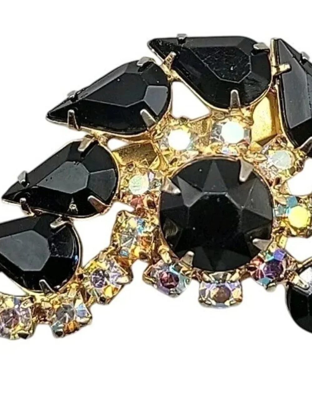 Juliana D&E Black Navette & AB Rhinestone Swirl Brooch Gold Tone Vintage